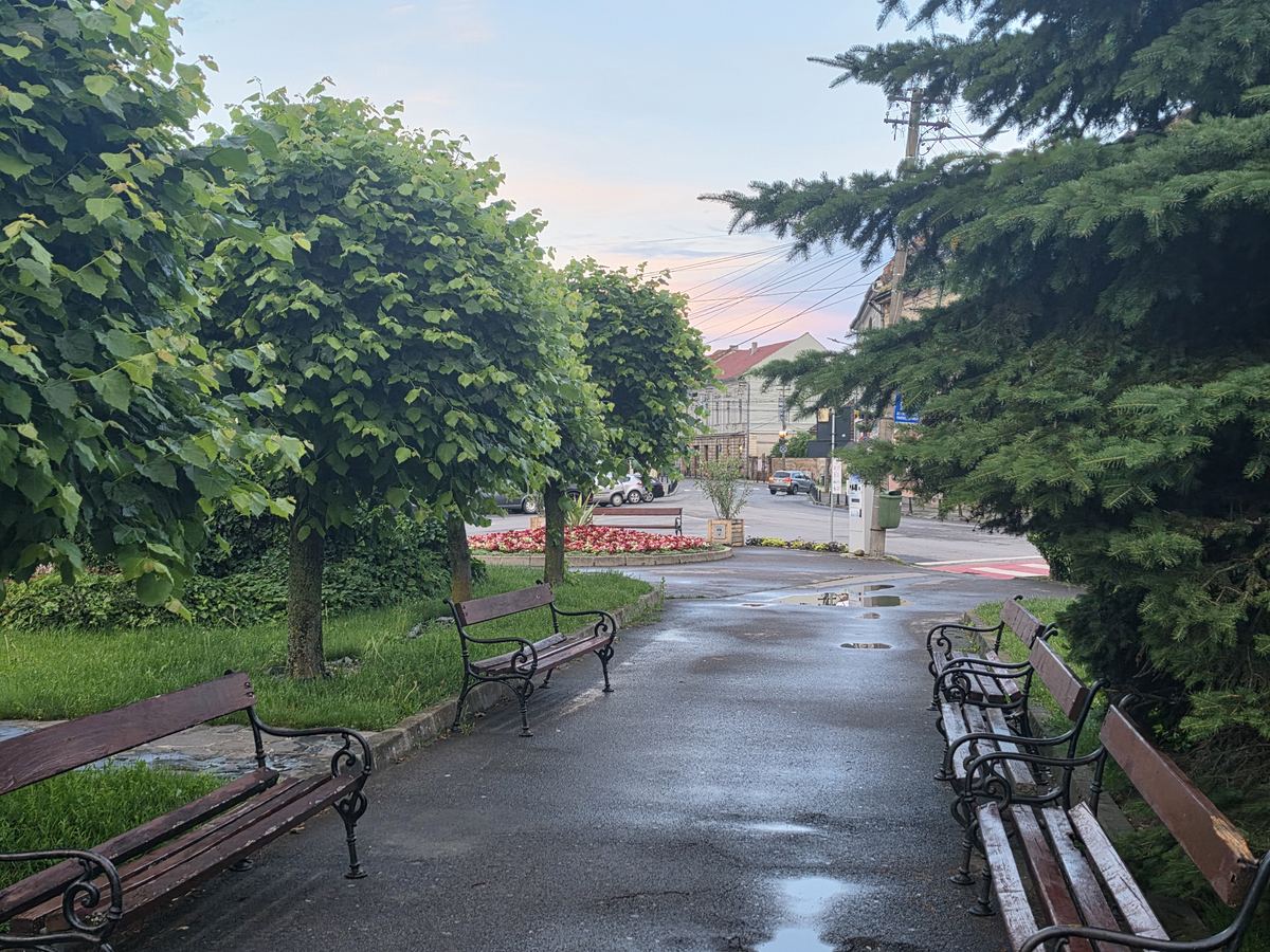 Parcul din centrul orașului Târgu Secuiesc, cu bănci din fontă și alei pavate